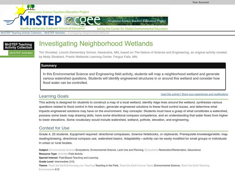 Serc: Investigating Neighborhood Wetlands Lesson Plan Serc: Investigating Neighborhood Wetlands Lesson Plan