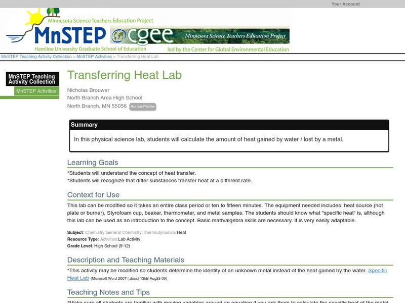 Serc: Transferring Heat Lab Lesson Plan Serc: Transferring Heat Lab Lesson Plan