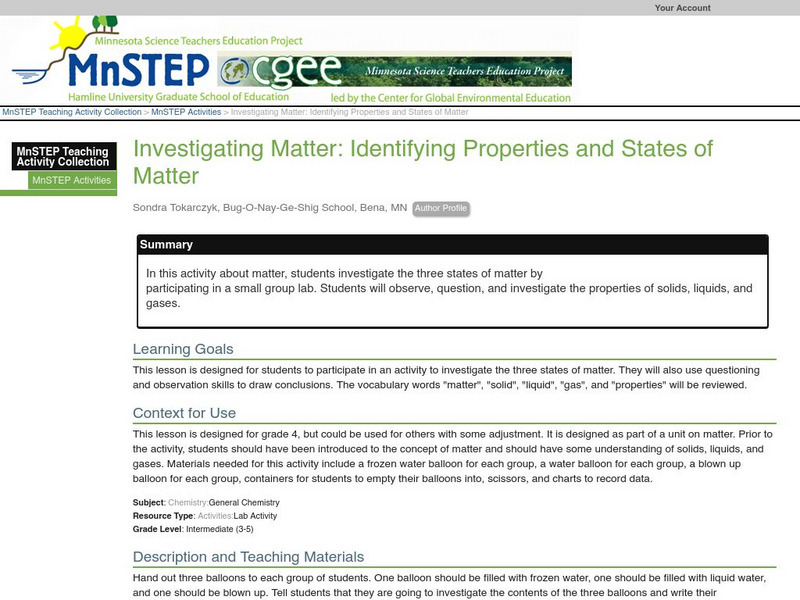 Serc: Investigating Matter: Identifying Properties and States of Matter Lesson Plan Serc: Investigating Matter: Identifying Properties and States of Matter Lesson Plan
