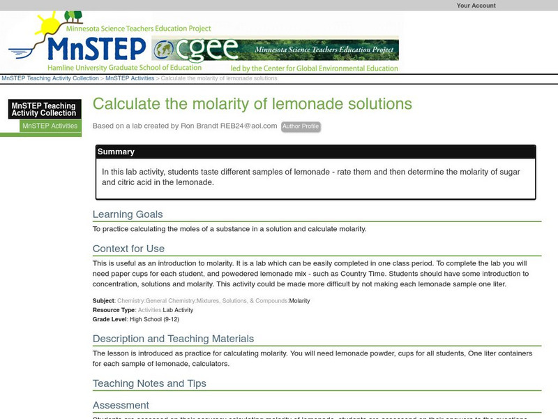 Serc:calculate the Molarity of Lemonade Solutions Lesson Plan Serc:calculate the Molarity of Lemonade Solutions Lesson Plan