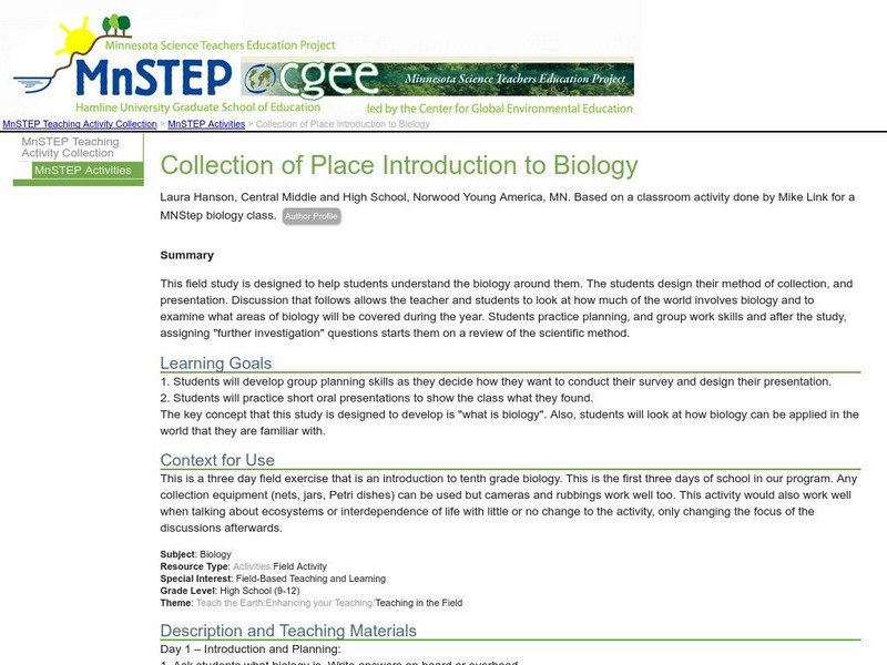 Serc: Collection of Place Introduction to Biology Lesson Plan Serc: Collection of Place Introduction to Biology Lesson Plan