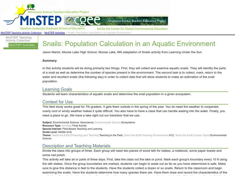 Serc: Mn Step: Snails: Population Calculation in an Aquatic Environment Lesson Plan Serc: Mn Step: Snails: Population Calculation in an Aquatic Environment Lesson Plan