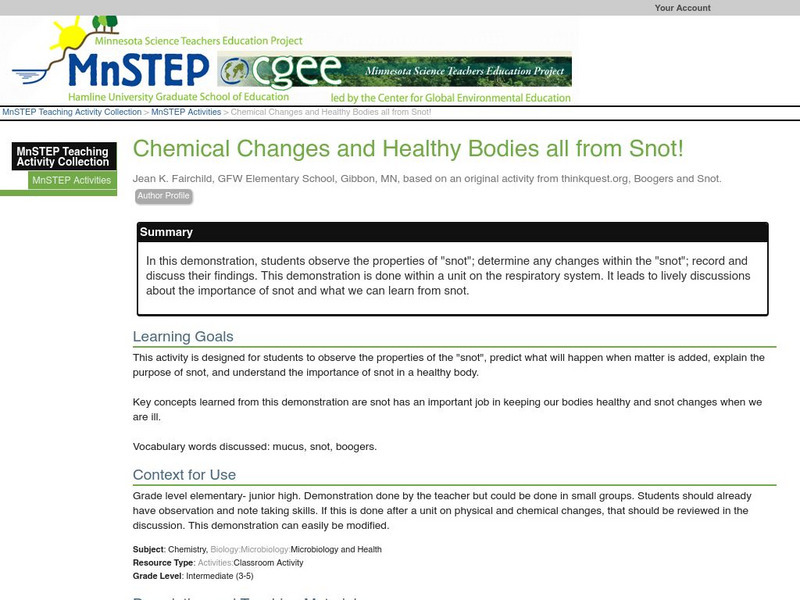 Serc: Chemical Changes and Healthy Bodies All From Snot! Lesson Plan Serc: Chemical Changes and Healthy Bodies All From Snot! Lesson Plan