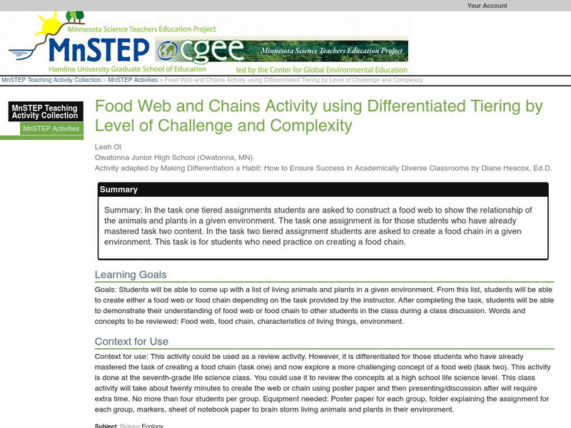 Serc: Differentiated Tiering Food Web and Chains Activity Lesson Plan Serc: Differentiated Tiering Food Web and Chains Activity Lesson Plan