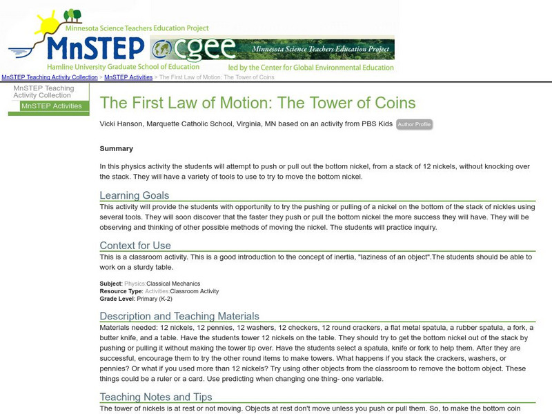 Serc: Mn Step: The First Law of Motion: The Tower of Coins Lesson Plan Serc: Mn Step: The First Law of Motion: The Tower of Coins Lesson Plan