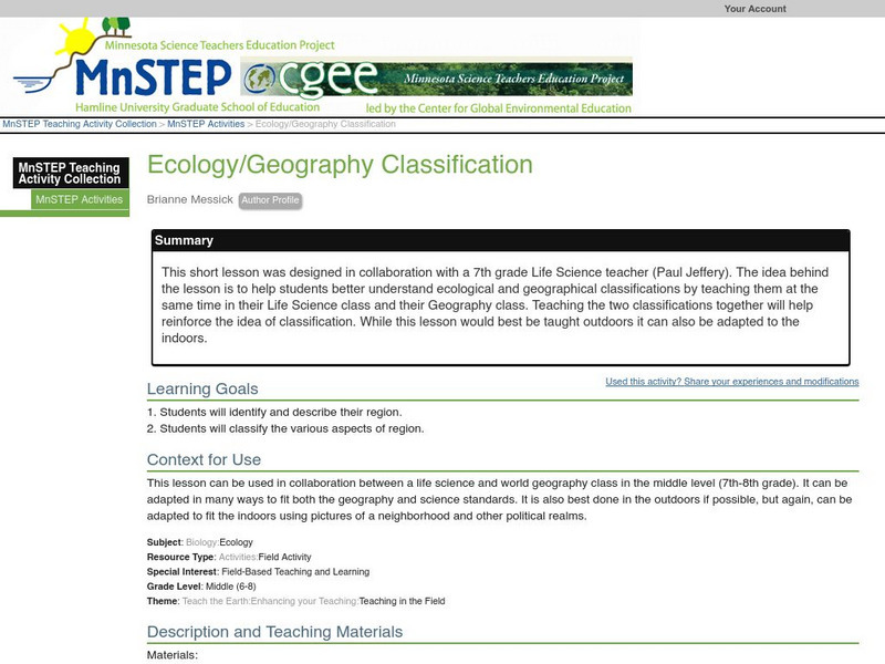 Serc: Ecology/geography Classification Lesson Plan Serc: Ecology/geography Classification Lesson Plan