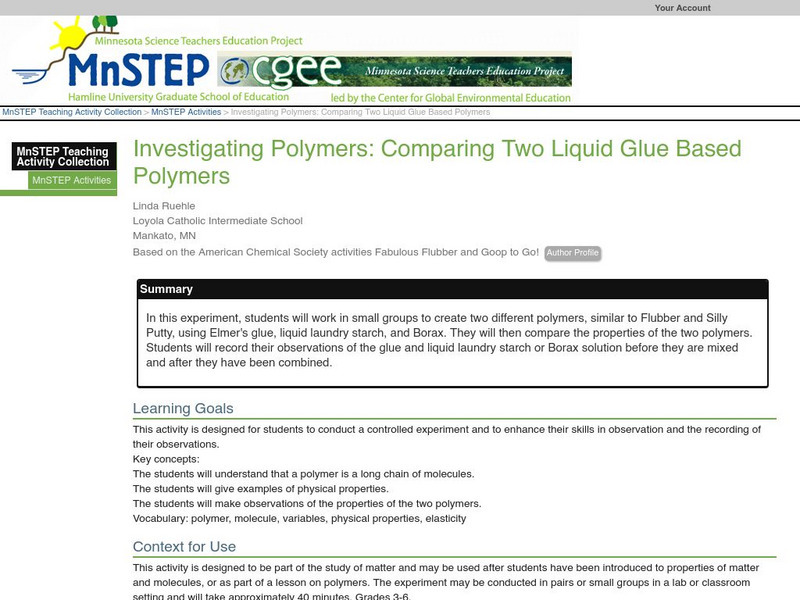 Serc: Investigating Polymers: Comparing Two Liquid Glue Based Polymers Lesson Plan Serc: Investigating Polymers: Comparing Two Liquid Glue Based Polymers Lesson Plan
