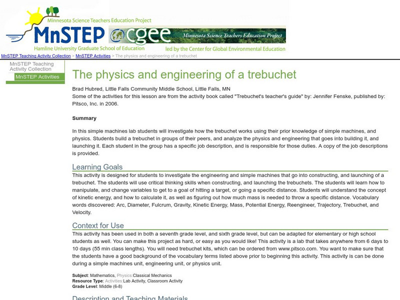 Serc: The Physics and Engineering of a Trebuchet Lesson Plan Serc: The Physics and Engineering of a Trebuchet Lesson Plan