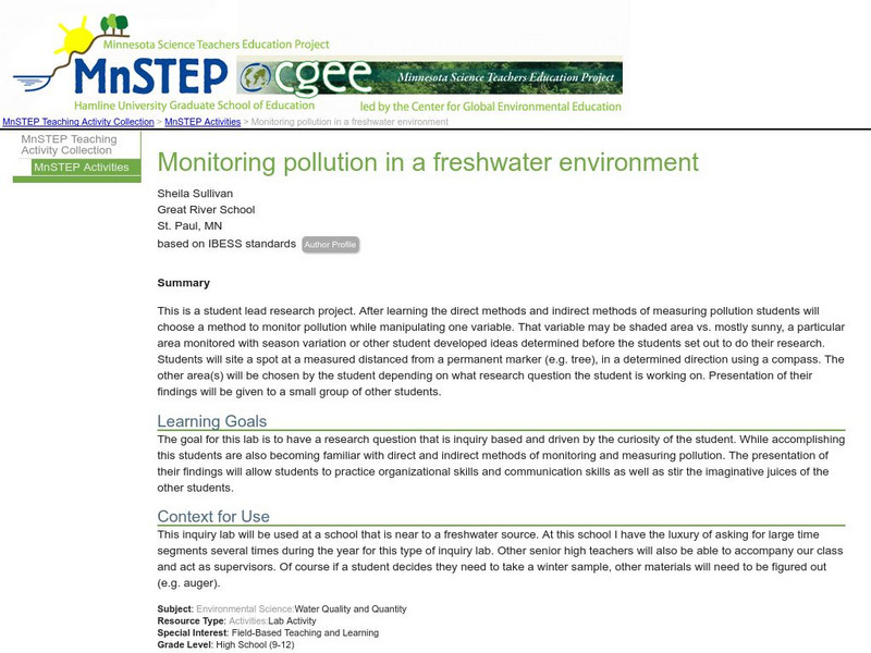 Serc: Monitoring Pollution in a Freshwater Environment Lesson Plan Serc: Monitoring Pollution in a Freshwater Environment Lesson Plan