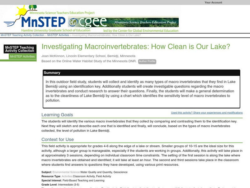 Serc: Investigating Macroinvertebrates: How Clean Is Our Lake? Lesson Plan Serc: Investigating Macroinvertebrates: How Clean Is Our Lake? Lesson Plan