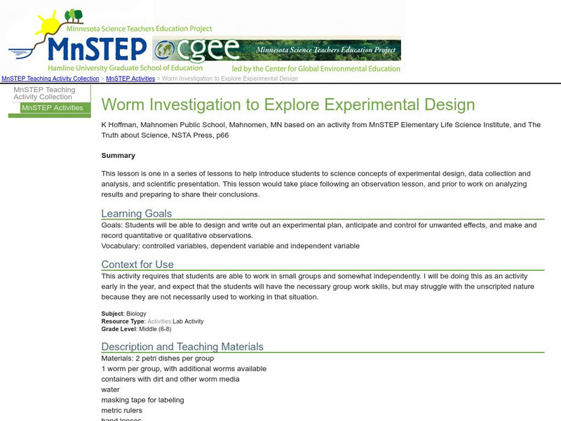 Serc: Mn Step: Worm Investigation to Explore Experimental Design Lesson Plan Serc: Mn Step: Worm Investigation to Explore Experimental Design Lesson Plan