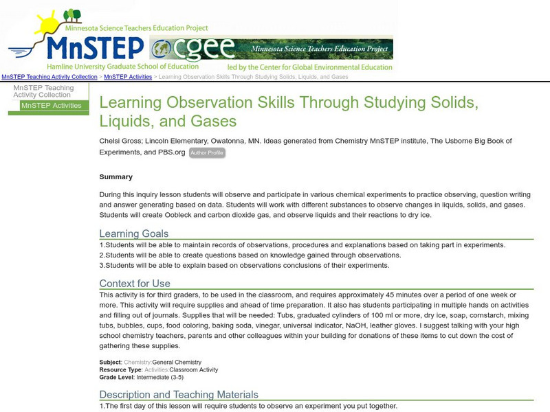 Serc: Learning Observation Skills Through Studying Solids, Liquids, and Gases Lesson Plan Serc: Learning Observation Skills Through Studying Solids, Liquids, and Gases Lesson Plan