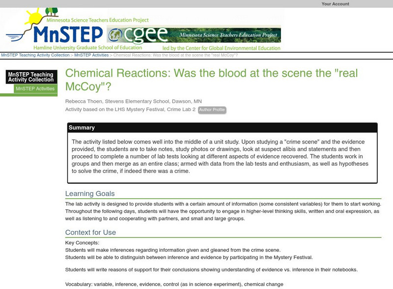 Serc: Chemical Reactions: Was the Blood at the Scene the "Real Mc Coy"? Lesson Plan Serc: Chemical Reactions: Was the Blood at the Scene the "Real Mc Coy"? Lesson Plan