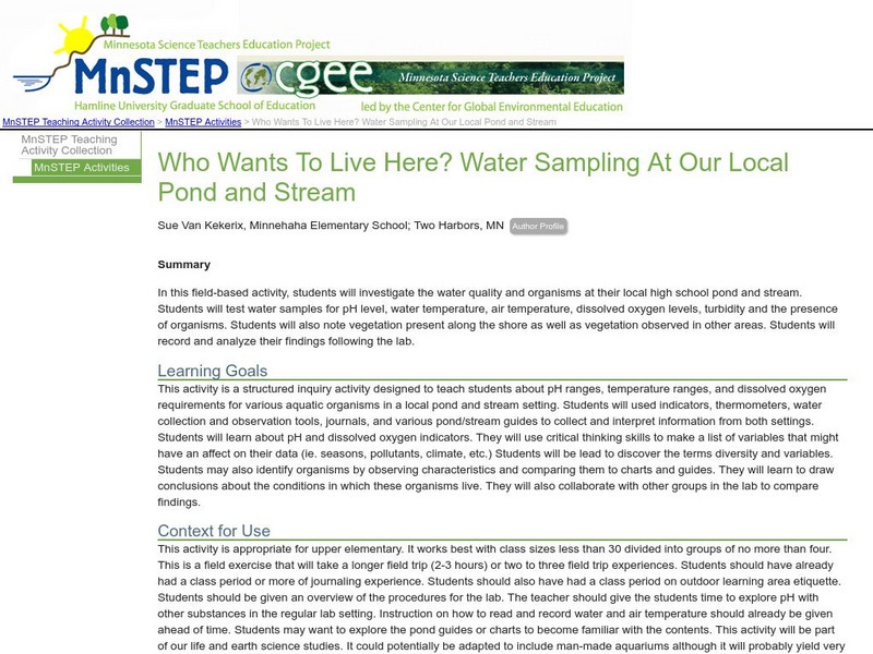 Serc: Mn Step: Who Wants to Live Here? Water Sampling at Local Pond and Stream Lesson Plan Serc: Mn Step: Who Wants to Live Here? Water Sampling at Local Pond and Stream Lesson Plan