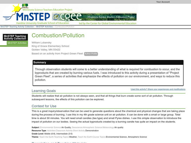 Serc: Combustion/pollution Lesson Plan Serc: Combustion/pollution Lesson Plan
