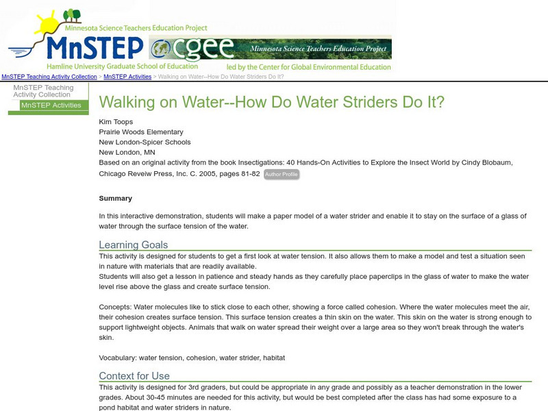 Serc: Walking on Water How Do Water Striders Do It? Lesson Plan Serc: Walking on Water How Do Water Striders Do It? Lesson Plan