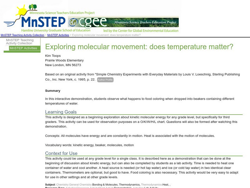 Serc: Exploring Molecular Movement: Does Temperature Matter? Lesson Plan Serc: Exploring Molecular Movement: Does Temperature Matter? Lesson Plan