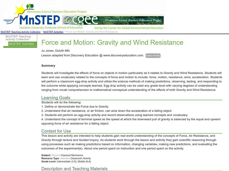 Serc: Force and Motion: Gravity and Wind Resistance Lesson Plan Serc: Force and Motion: Gravity and Wind Resistance Lesson Plan
