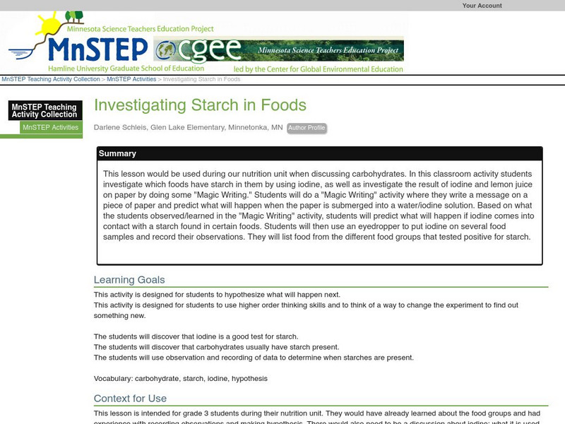 Serc: Investigating Starch in Foods Lesson Plan Serc: Investigating Starch in Foods Lesson Plan