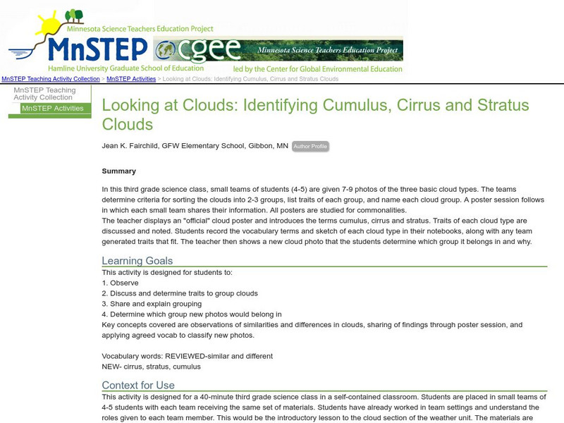 Serc: Looking at Clouds: Identifying Cumulus, Cirrus and Stratus Clouds Lesson Plan Serc: Looking at Clouds: Identifying Cumulus, Cirrus and Stratus Clouds Lesson Plan