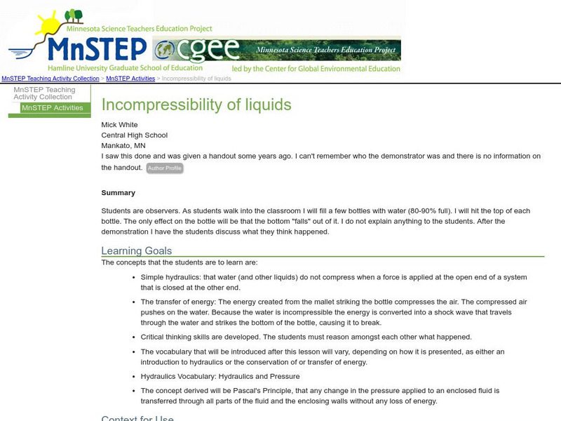 Serc: Incompressibility of Liquids Lesson Plan