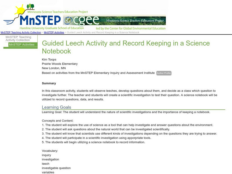 Serc: Guided Leech Activity and Record Keeping in a Science Notebook Lesson Plan