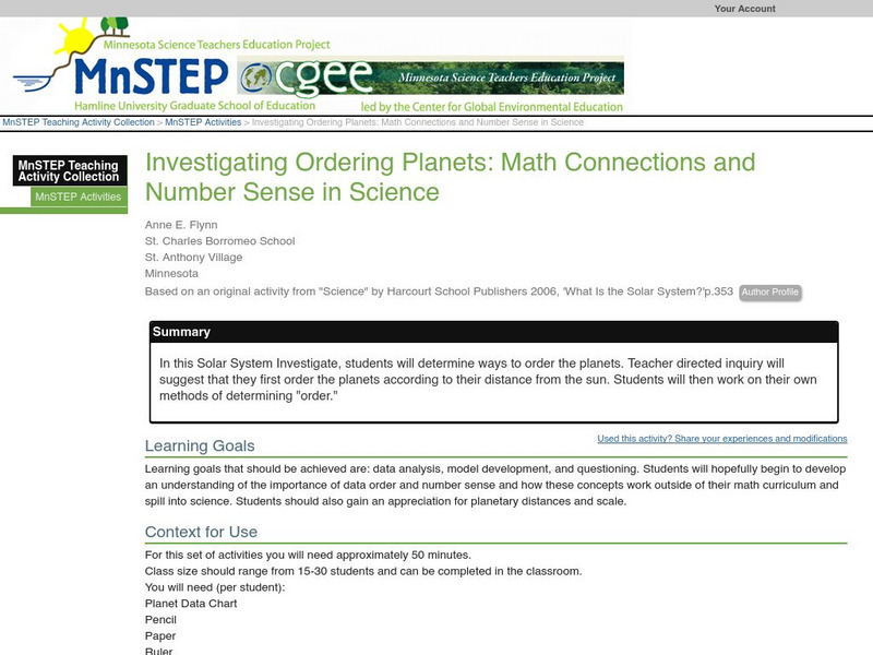 Serc: Investigating Ordering Planets: Math Connections & Number Sense in Science Lesson Plan Serc: Investigating Ordering Planets: Math Connections & Number Sense in Science Lesson Plan