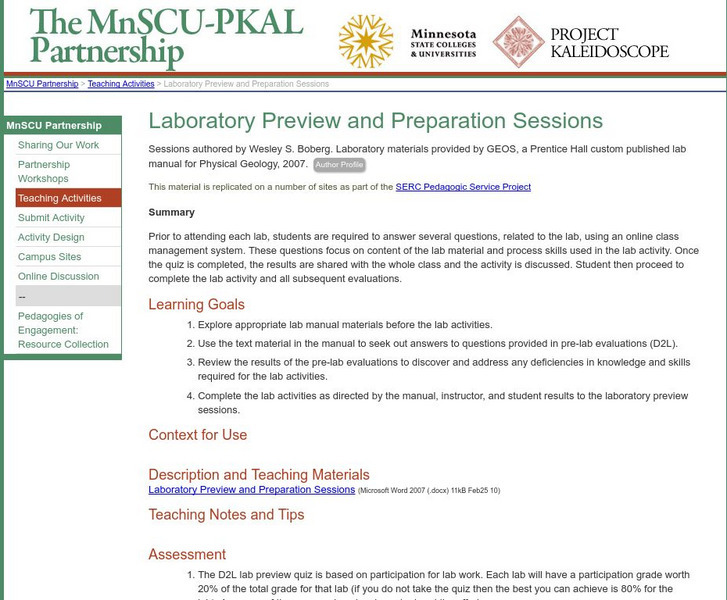 Serc: Laboratory Preview and Preparation Sessions Unknown Type Serc: Laboratory Preview and Preparation Sessions Unknown Type
