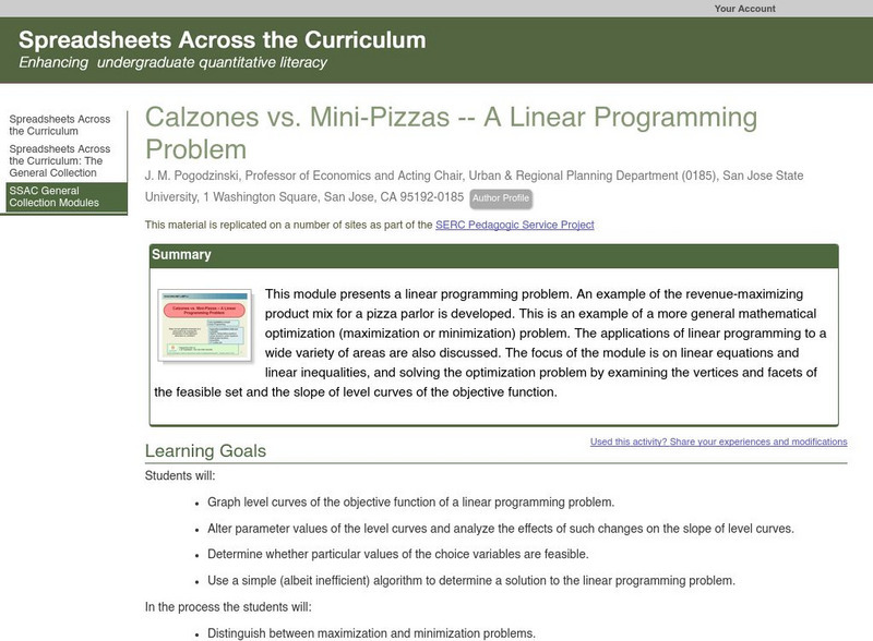 Serc: Calzones vs. Mini Pizzas a Linear Programming Problem Lesson Plan Serc: Calzones vs. Mini Pizzas a Linear Programming Problem Lesson Plan