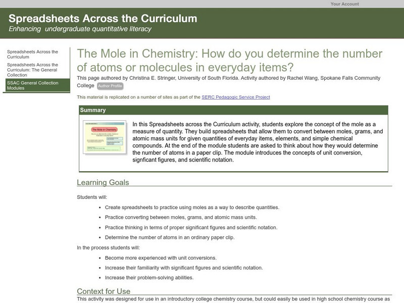 Serc: The Mole in Chemistry: Determining the Number of Atoms in Everyday Items Lesson Plan Serc: The Mole in Chemistry: Determining the Number of Atoms in Everyday Items Lesson Plan