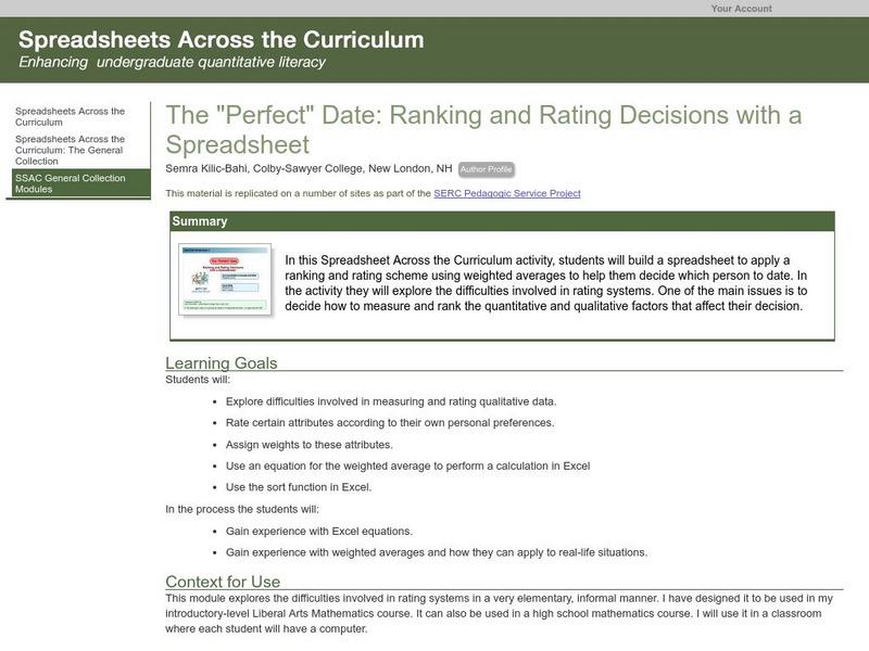 Serc: The "Perfect" Date: Ranking and Rating Decisions With a Spreadsheet Lesson Plan Serc: The "Perfect" Date: Ranking and Rating Decisions With a Spreadsheet Lesson Plan