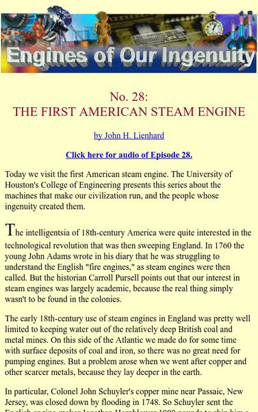 University of Houston: Engines of Our Ingenuity: No. 28: The Fist American Steam Engine Audio University of Houston: Engines of Our Ingenuity: No. 28: The Fist American Steam Engine Audio