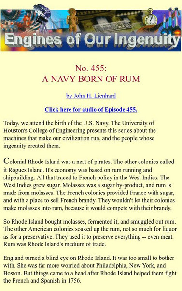 University of Houston: Engines of Our Ingenuity: No. 455: A Navy Born of Rum Audio