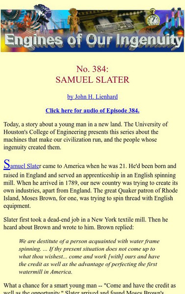 University of Houston: Engines of Our Ingenuity: No. 384: Samuel Slater Audio