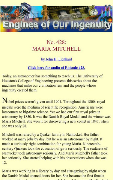 University of Houston: Engines of Our Ingenuity: No. 428: Maria Mitchell Article University of Houston: Engines of Our Ingenuity: No. 428: Maria Mitchell Article