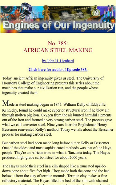 University of Houston: Engines of Our Ingenuity: No. 385: African Steel Making Article University of Houston: Engines of Our Ingenuity: No. 385: African Steel Making Article