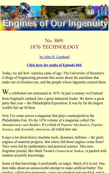University of Houston: Engines of Our Ingenuity: No. 869: 1876 Technology Article University of Houston: Engines of Our Ingenuity: No. 869: 1876 Technology Article