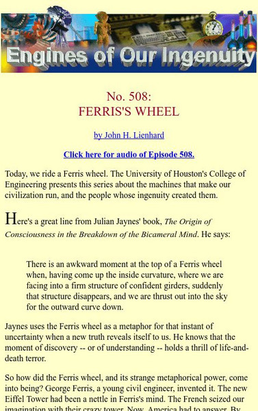 University of Houston: Engines of Our Ingenuity: No. 508: Ferris's Wheel Article University of Houston: Engines of Our Ingenuity: No. 508: Ferris's Wheel Article