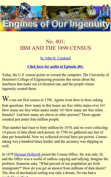 University of Houston: Engines of Our Ingenuity: No. 401: Ibm and the 1890 Census Article University of Houston: Engines of Our Ingenuity: No. 401: Ibm and the 1890 Census Article