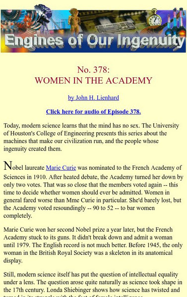 University of Houston: Engines of Our Ingenuity: No. 378: Women in the Academy Article University of Houston: Engines of Our Ingenuity: No. 378: Women in the Academy Article