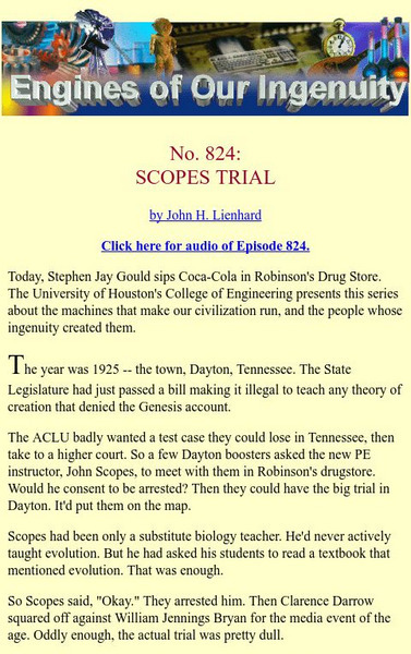 University of Houston: Engines of Our Ingenuity: No. 824: Scopes Trial Article