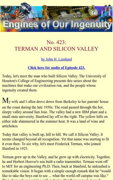 University of Houston: Engines of Our Ingenuity: No. 423: Terman and Silicon Valley Article