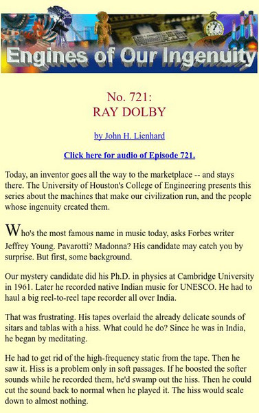 University of Houston: Engines of Our Ingenuity: Ray Dolby Article University of Houston: Engines of Our Ingenuity: Ray Dolby Article