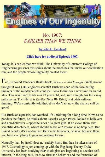 University of Houston: Engines of Our Ingenuity: Earlier Than We Think Article University of Houston: Engines of Our Ingenuity: Earlier Than We Think Article