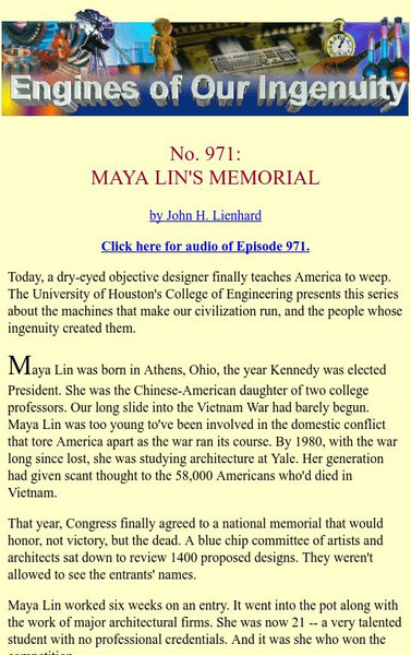 University of Houston: Engines of Our Ingenuity: Maya Lin's Memorial Article University of Houston: Engines of Our Ingenuity: Maya Lin's Memorial Article