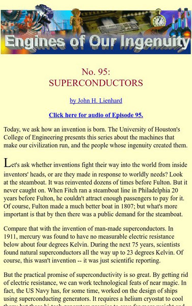 University of Houston: Engines of Our Ingenuity: Superconductors Article