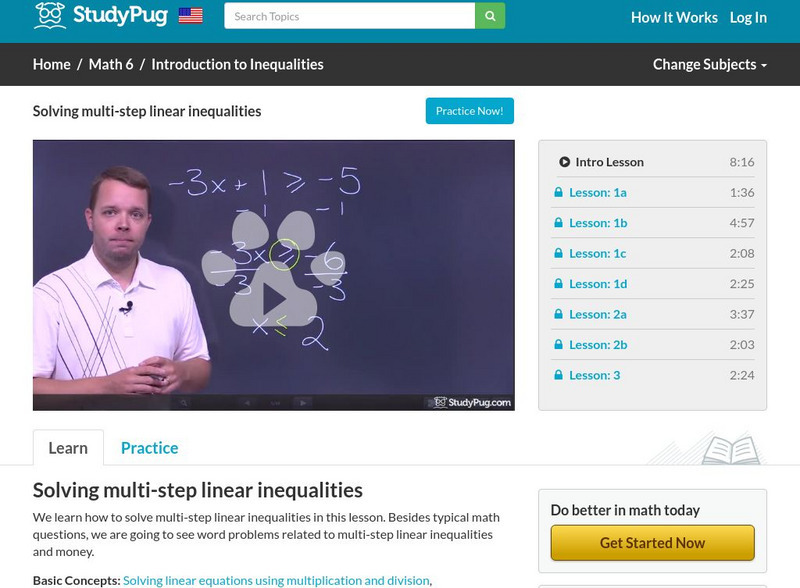 Study Pug: Solving Multi Step Linear Inequalities Instructional Video