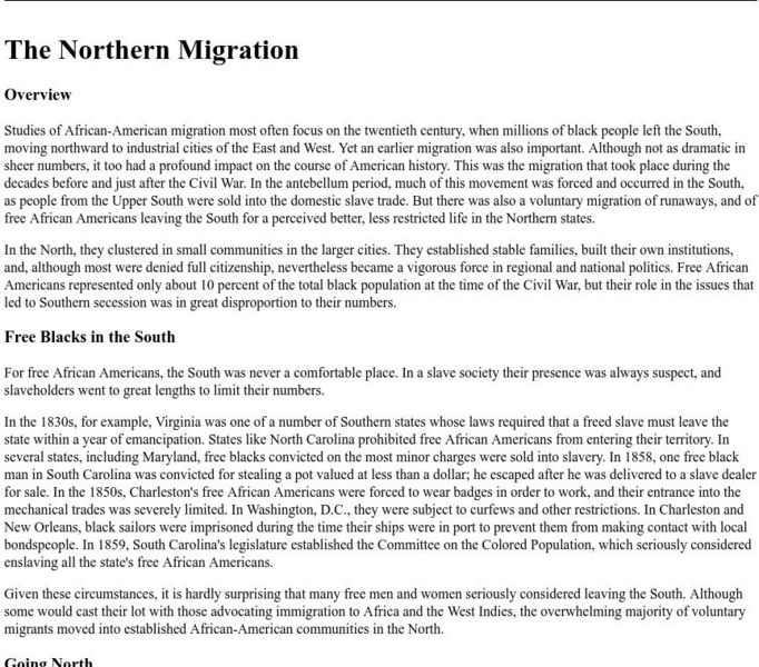 African American Migration Experience: The Northern Migration Article African American Migration Experience: The Northern Migration Article