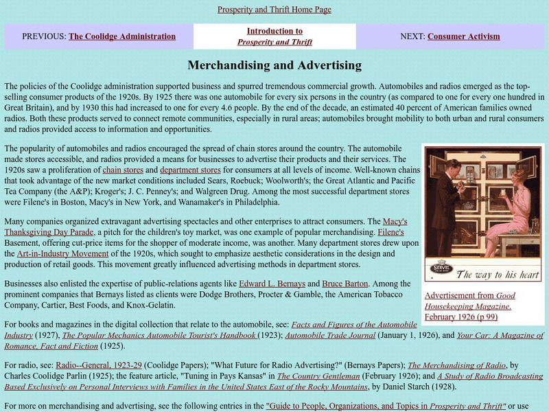 Loc: Prosperity and Thrift: Merchandising and Advertising in the 1920s Article