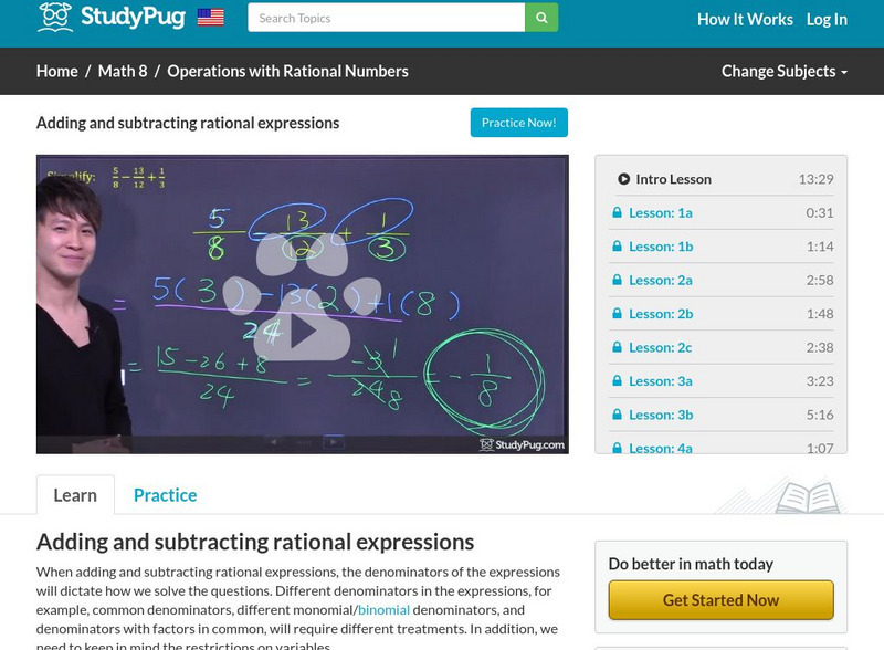Study Pug: Adding and Subtracting Rational Expressions Instructional Video